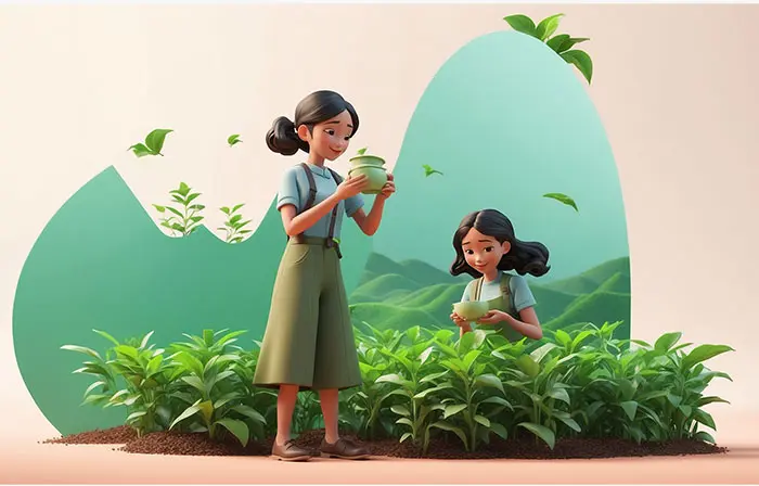 Girls Holding Cup in Tea Farm 3D Picture Illustration